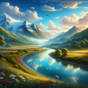 Tranquil River Valley Landscape with Majestic Mountains | Serene Nature Scene