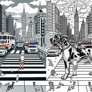 Children's Coloring Page: Great Dane at Crosswalk with Police Car and Fire Engine