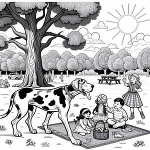 Monochrome Great Dane Playing Fetch in Park - Coloring Book Sketch