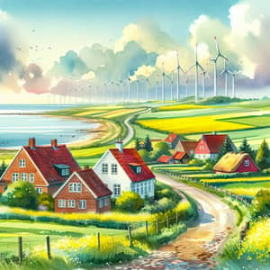 Denmark Watercolor Art: Landscape with Danish Cottages & Wind Turbines