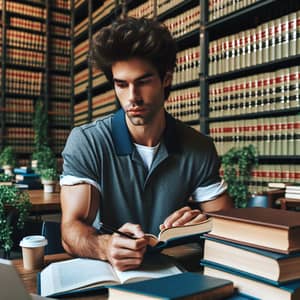 Law Student Studying in Library Surrounded by Books
