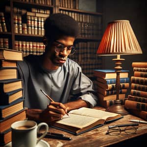 Dedicated Black Law Student Studying Late Night with Books and Coffee