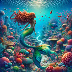 Surreal Underwater Mermaid Scene with Vibrant Coral Reef