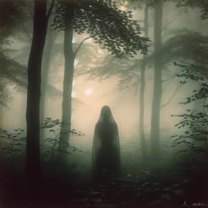 Veiled Silhouette in Dense Foggy Woodland - Impressionist Masterpiece
