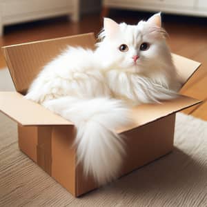 White Fluffy Cat in Cardboard Box - Adorable Feline Comfort