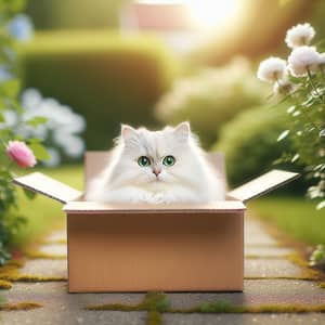 White Fluffy Cat in Cardboard Box | Outdoor Snuggle Scene
