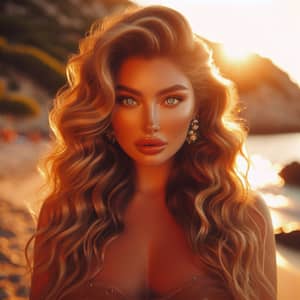 Stunning Plus-Size Woman on Beach at Sunset | Body Positivity Beauty