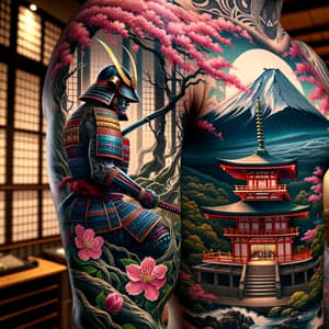 Vibrant Samurai Sleeve Tattoo with Japanese Temple and Mount Fuji