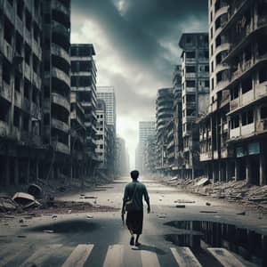Resilient South Asian Man Walking Through Empty Post-War City