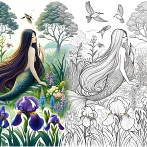 Asian Mermaid in Forest with Birds and Flowers | Pencil Drawing