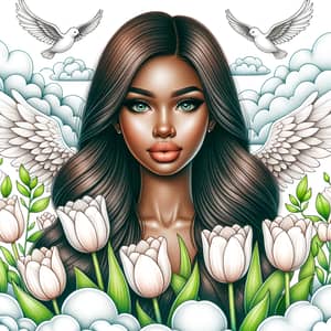 Dark-Skinned Female Angel with Long Brown Hair Surrounded by Clouds and Birds
