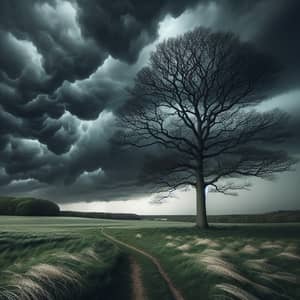 Solitary Tree in Open Field Under Stormy Sky