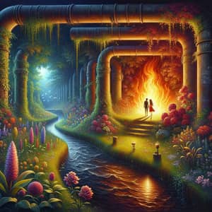 Vibrant Flame in a Dark Garden - Romantic Oil Painting