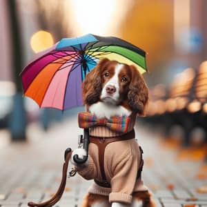 Dog with Umbrella: Cute Canine Sheltered from Rain
