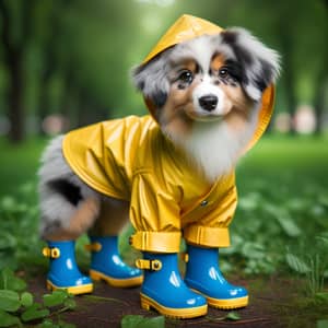 Adorable Australian Shepherd Dog in Yellow Raincoat and Blue Booties