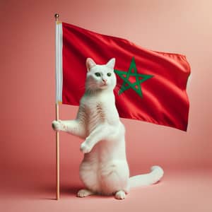 White Cat Holding Flag of Morocco - Patriotic Feline Moment