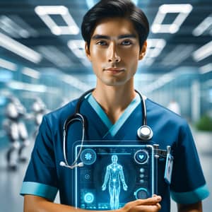 Futuristic Nurse | High-Tech Asian Male Nurse with Digital Tablet