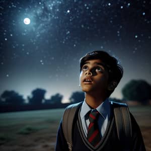 Young South Asian Boy Gazes in Wonder at Starry Night Sky