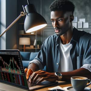 Young Black Man Trading on Laptop | Financial Market Focus