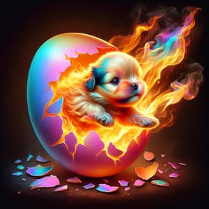 Rainbow Egg Hatch: Fiery Spectacle with Fluffy Puppy Emergence