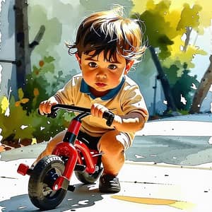 Young Toddler Boy Riding Tricycle - Watercolor Masterpiece