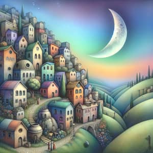 Surreal Dreamlike Watercolor Village Painting