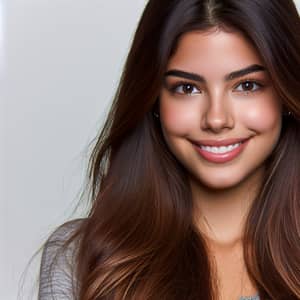 Smiling Hispanic Woman with Long Brown Hair