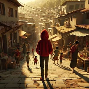 Boy in Red Hoodie Explores Economilandia Town
