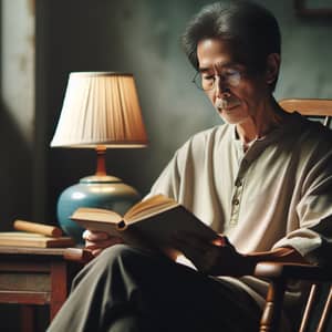Tranquil Senior Asian Man Reading Book in Cozy Home Setting