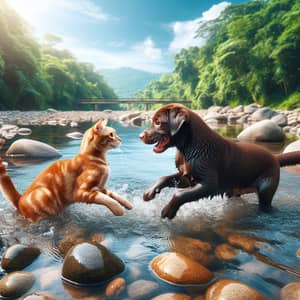 Playful Orange Tabby Cat and Chocolate Labrador Dog Splashing in Shallow River