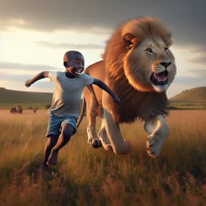 Playful Encounter: Boy Chasing Lion in Adventurous Act