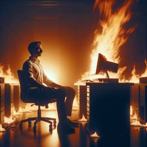 Calm Man Facing Flaming Computer | Dramatic Scene