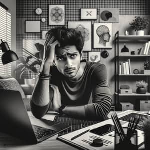 Tech-Inspired Home Office: South Asian Man in Frustration