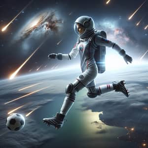 Female Soccer Player in Space Suit Kicks Ball Towards Earth
