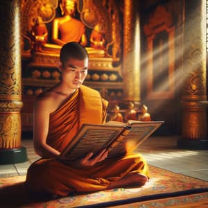 Asian Buddhist Monk Reading Tripitaka in Serene Temple