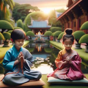 Tranquil Buddhist Children Meditation Scene in Temple Garden