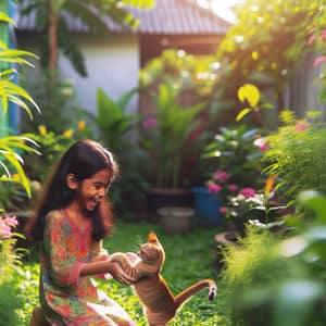 South Asian Girl Playing with Cat in Vibrant Green Garden