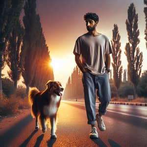 Middle-Eastern Man Walking with Loyal Dog at Sunset