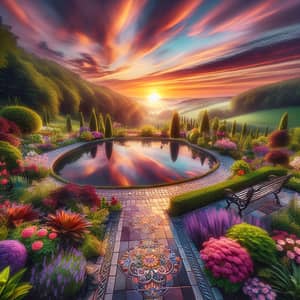Serene Garden Oasis at Sunset with Wrought Iron Bench