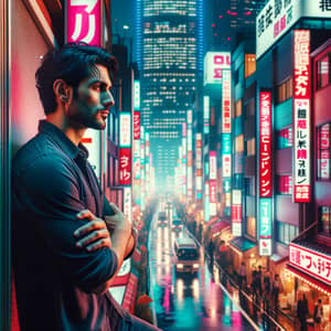 Hispanic Male in Vibrant Neon Japan Cityscape