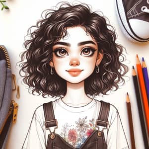 Adorable 13-Year-Old Middle-Eastern Girl with Curly Hair and Sketchpad