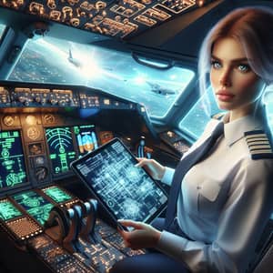 Skilled Caucasian Woman Pilot Mastering Cutting-Edge Aircraft Technology
