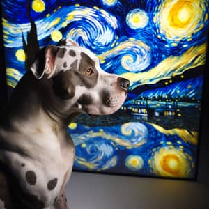 Pitbull Dog Contemplates Van Gogh's Starry Night Sky