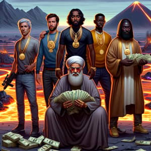 Diverse Group of Seven Individuals with Gold Chains and Money
