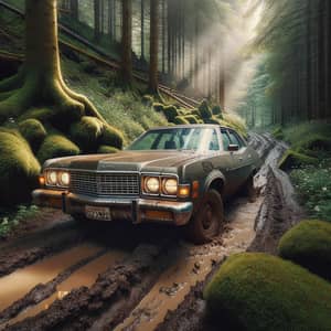 1980s Dark Beige American Sedan Off-Roading Adventure in Forest