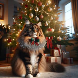 Festive Mainecoon Cat by Christmas Tree