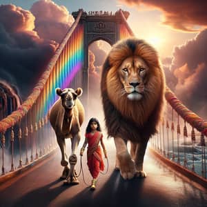 Majestic Lion Leading Unlikely Procession Across Prismatic Rainbow Bridge