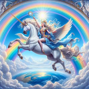 Goddess of Rainbows Iris Riding Unicorn - Majestic Spectacle