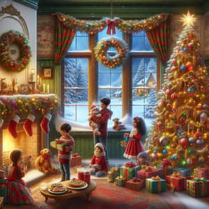 Enchanting Christmas Scene with Diverse Family Unwrapping Gifts