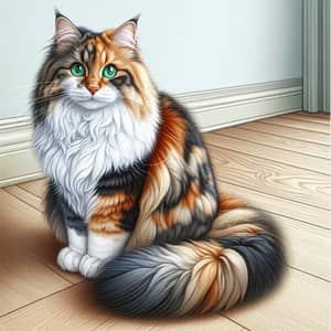 Graceful Fluffy Calico Cat with Green Eyes | Adorable Feline